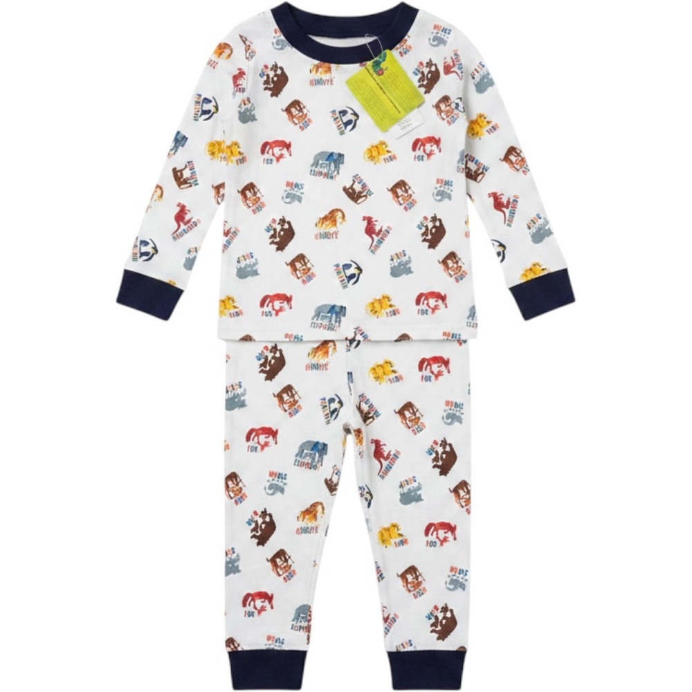World of Eric Carle Kids Animal Print Pajama Set Cream Navy Blue NWT